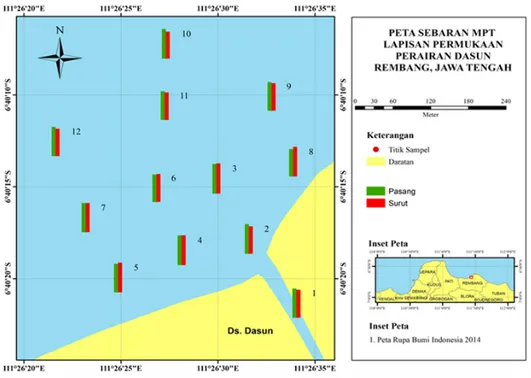 Gambar 3. Sebaran konsentrasi MPT permukaan Pantai Dasun Kabupaten Rembang. 