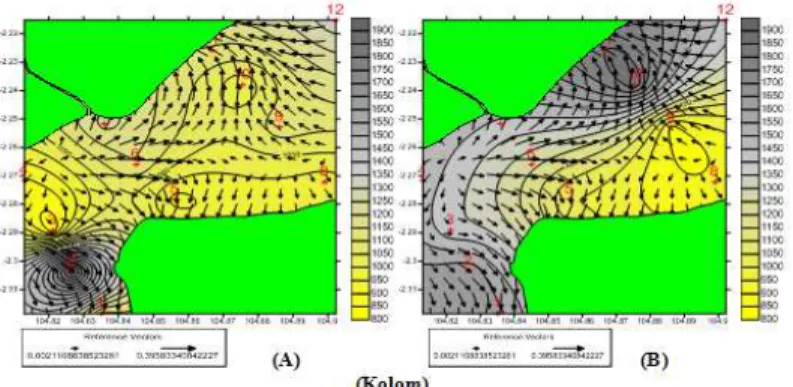 Gambar 8. Sebaran Total Suspended Solid  (mg/l) lapisan permukaan perairan  muara sungai Banyuasin (a) saat pasang ; (b) saat surut 