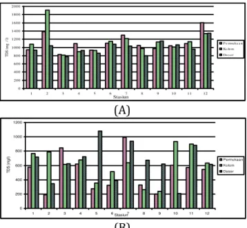 Gambar 3. Grafik Konsentrasi Total Dissolved Solid (mg/l) perairan muara sungai  Banyuasin (A) kondisi pasang; (B) kondisi surut 