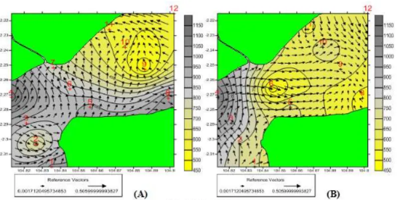 Gambar 4. Sebaran Total Suspended Solid  (mg/l) lapisan permukaan perairan  muara sungai Banyuasin (a) saat pasang ; (b) saat surut 