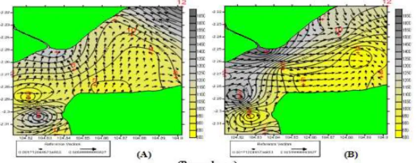 Gambar 7. Sebaran Total Suspended Solid  (mg/l) lapisan permukaan perairan  muara sungai Banyuasin (a) saat pasang ; (b) saat surut 