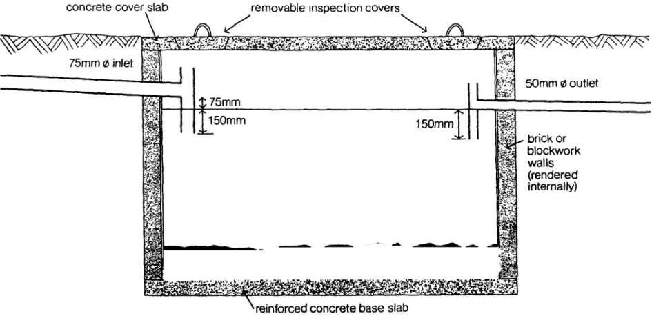Figure  2.  Typical  solids  interceptor  tank.  [The  tank may be buried by 300 mm or more  to prevent unauthorized  access by children  or  for garbage disposal.]