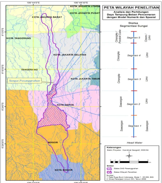 Gambar 1. Peta lokasi Sungai Pesanggrahan dan segmen daerah penelitian di wilayah Depok (Analisis GIS 2014) 