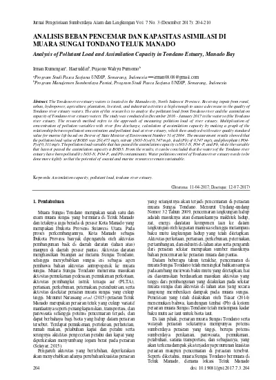 Analisis Beban Pencemar Dan Kapasitas Asimilasi Di Muara Sungai Tondano Teluk Manado 1825