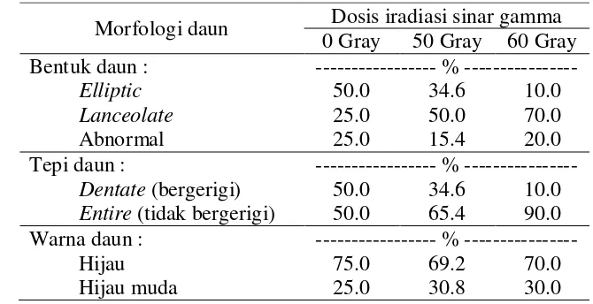 Tabel 4 Persentase variasi morfologi daun pada planlet 