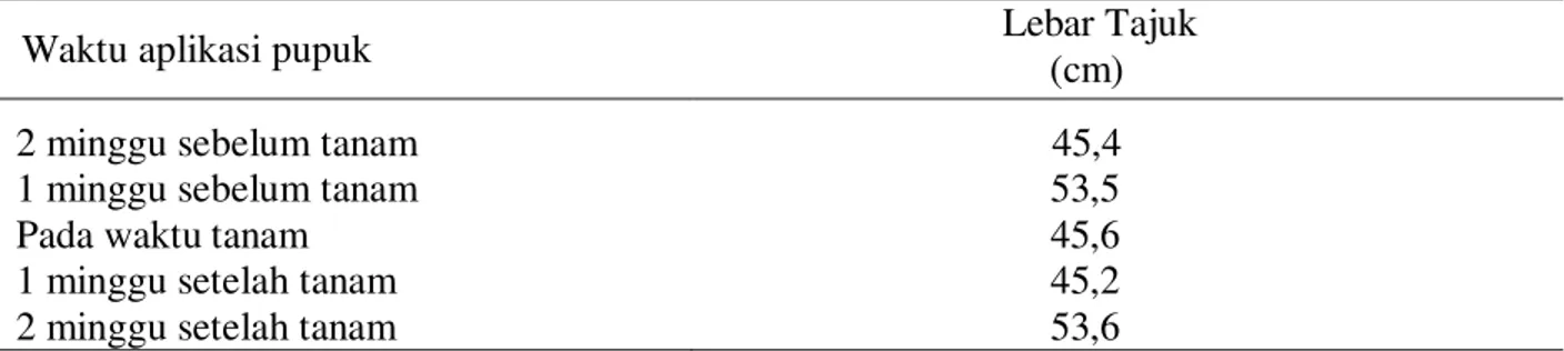Tabel  2.  Lebar  tajuk  tanaman  cabai  merah  akibat  perbedaan  waktu  aplikasi  pupuk  kompos  leguminosa dengan bioaktivator Trichoderma sp
