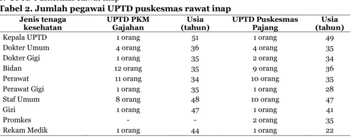 Tabel 2. Jumlah pegawai UPTD puskesmas rawat inap  Jenis tenaga 