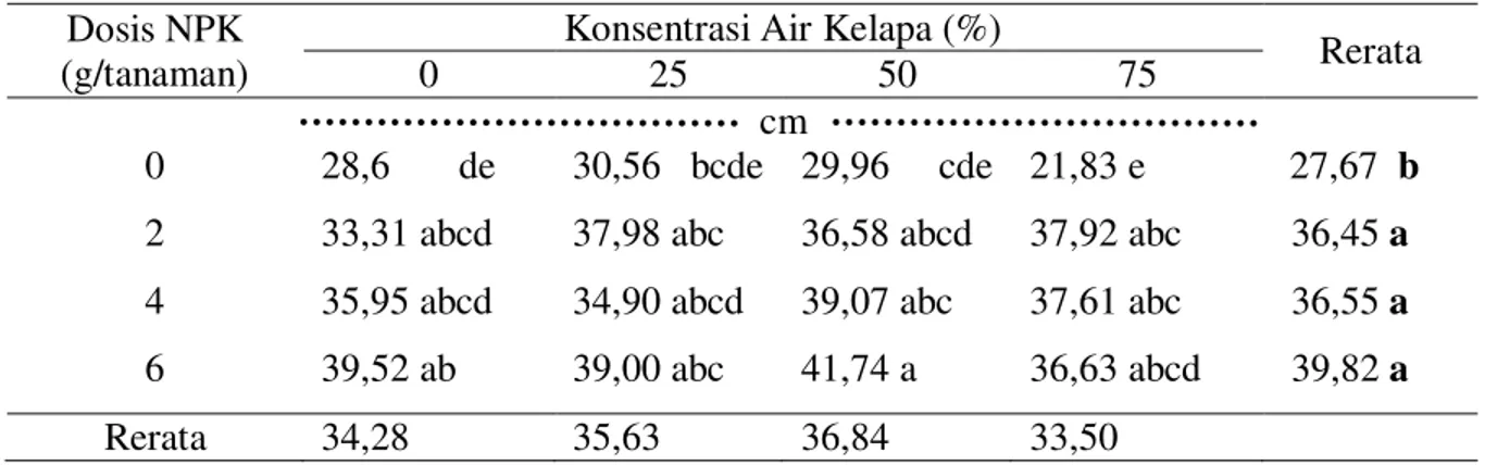 Tabel 1.  Rerata tinggi bibit kakao (cm) dengan pemberian pupuk NPK dan air kelapa sebagai  zat pengatur tumbuh alami di medium sub soil