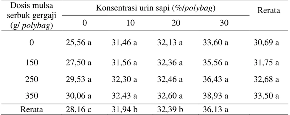 Tabel 2. Tinggi bibit kakao (cm) dengan pemberian mulsa serbuk gergaji dan urin  sapi yang telah difermentasi 
