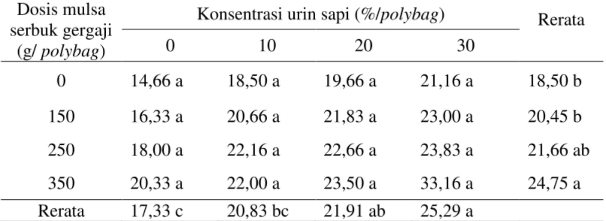 Tabel 4. Jumlah daun bibit kakao (helai) dengan pemberian mulsa serbuk gergaji  dan urin sapi yang telah difermentasi 