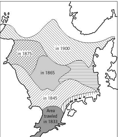 Fig. 4.1Alward’s map of the North Sea showing (cross-hatch patterns) the years in the 19th century when English trawlers ﬁrst began ﬁshing in increasingly morenortherly areas
