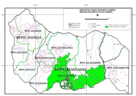 Gambar 2.  Peta Penataan Batas Bekas Tanah Partikelir Ciampea Menjadi Kelompok  Hutan Ciampea (Sumber: Arsip Perum Perhutani, 1994) 