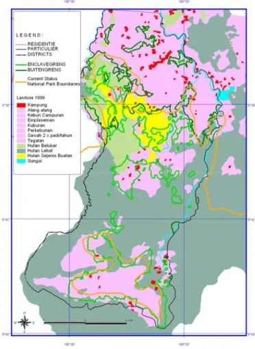 Gambar 3.  Peta Tanah Hutan yang dikuasai oleh Masyarakat Desa Malasari (Bogor)  sebagai Lahan Pemukiman dan Garapan (Sumber: Arsip Perum Perhutani,  1906-1939 dan Peta Penggunaan Tanah BPN, 2001) 