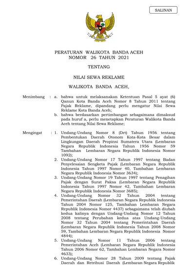 PERATURAN WALIKOTA BANDA ACEH NOMOR 26 TAHUN 2021 TENTANG NILAI SEWA ...