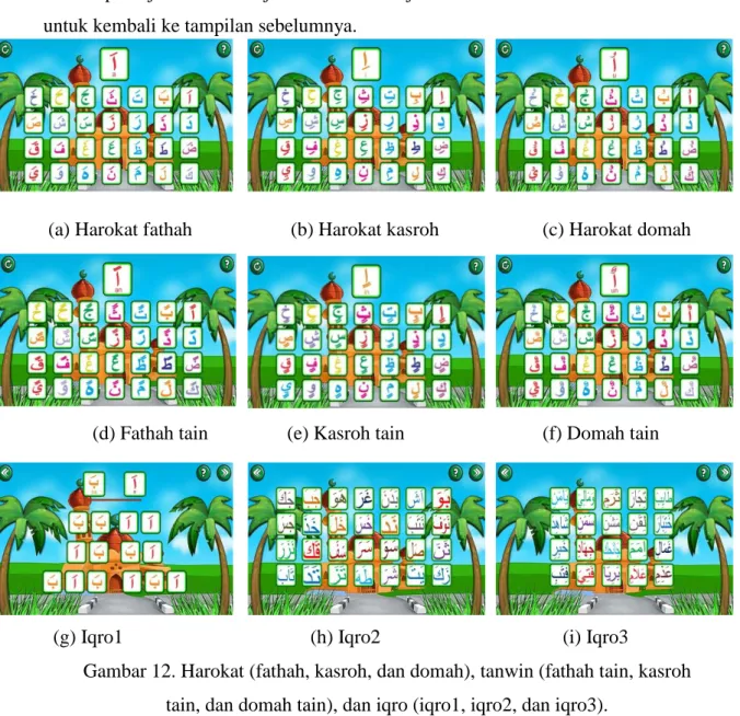 gambar yang ditekan. Untuk iqro1, penulis juga menyediakan tombol home untuk  langsung kembali ke menu belajar