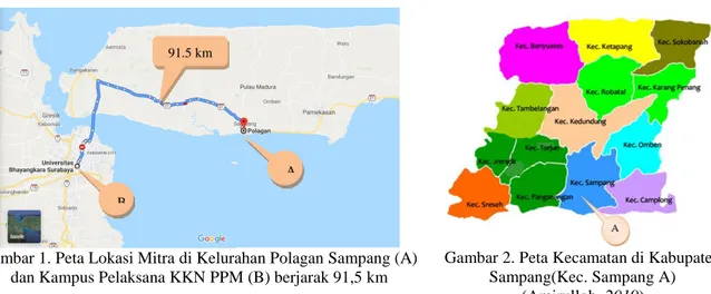 Gambar 1. Peta Lokasi Mitra di Kelurahan Polagan Sampang (A)  dan Kampus Pelaksana KKN PPM (B) berjarak 91,5 km  