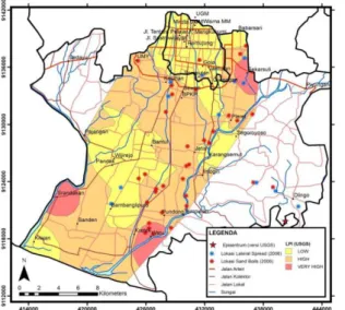 Gambar 3. Peta zona likuifaksi metode LPI berdasarkan pusat gempa versi USGS  (Yogatama, 2012)