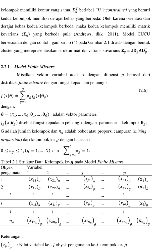 Tabel 2.1 Struktur Data Kelompok ke-  pada Model Finite Mixture  Obyek  pengamatan  Variabel 1  2  ..