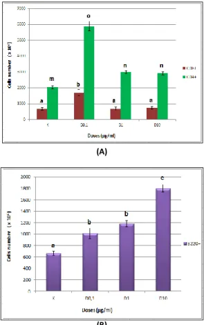 Figure  1.  Effect of  aqueous  extract of M.  oleifera  leaf  to  the  absolute  cells  number  of  A  (CD4 +  &amp;  CD8 + )  and B (B220 + )    after four days culture with dose  0 µg/ml (control), 0,1 µg/ml, 1 µg/ml, 10 µg/ml