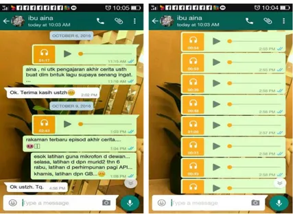 Gambar 4.9  Cetakan Skrin telefon mudah alih Ustazah Syahirah membimbing  murid melalui WhatsApp  
