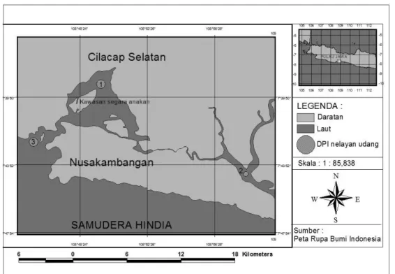 Gambar 3 Peta daerah penangkapan udang di kawasan Segara Anakan dan sekitarnya  minyak,  dan  PLTU  Cilacap