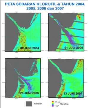 Gambar 5. Peta sebaran klorofil-a tahun  2004-2007 di perairan muara Sungai  Lumpur dari model algoritma Chl-a = 