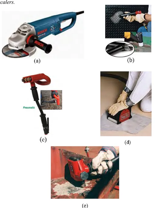 Gambar II.16 (a) gerinda, (b) needle/chisel scalers, (c) scabblers, (d)  scarifiers, (e) descalers 