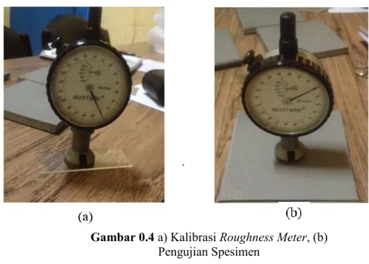 Gambar 0.4 a) Kalibrasi Roughness Meter, (b)  Pengujian Spesimen 