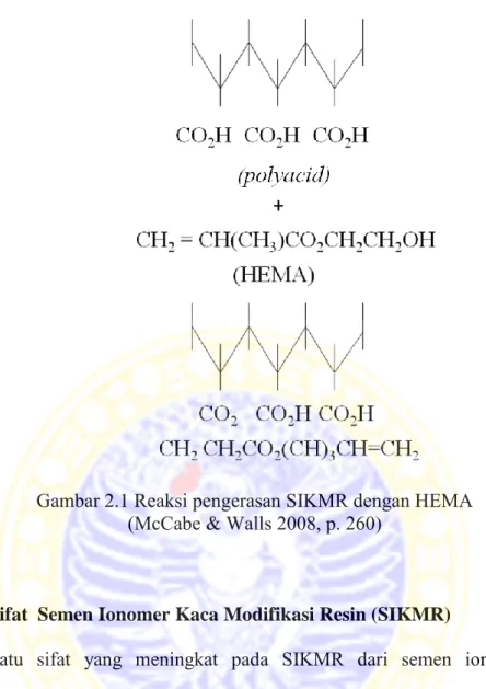 Gambar 2.1 Reaksi pengerasan SIKMR dengan HEMA  (McCabe &amp; Walls 2008, p. 260) 