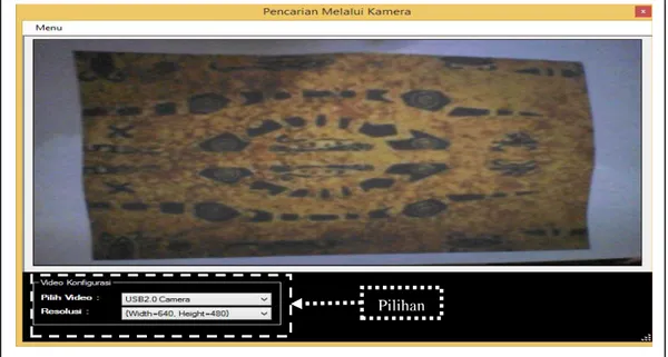 Gambar 5 memperlihatkan tampilan awal untuk proses pencarian dan pengenalan citra motif  batik yang diperoleh melalui kamera PC
