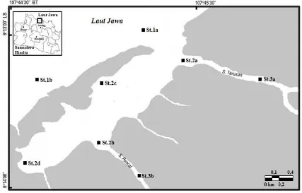 Gambar 1. Peta lokasi penelitian, Segara Menyan. 1= pantai, 2= segara, 3= sungai   (Sumber: modifikasi dari GoogleMap) 