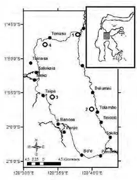 Gambar 1. Peta lokasi stasiun penelitian ikan rono di Danau Poso, Sulawesi Tengah (O: stasiun penelitian) 