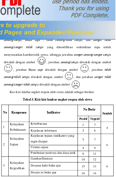 Tabel 3. Kisi-kisi lembar angket respon oleh siswa 