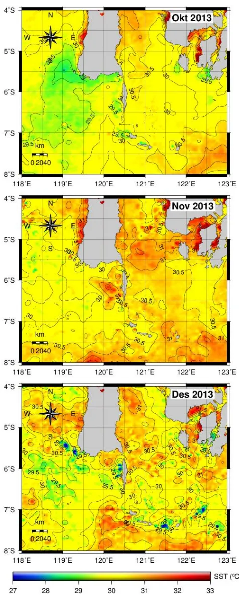 Gambar 2. Distribusi Suhu Permukaan Laut (SPL-Aqua/MODIS) dalam derajat celcius (C) di Perairan Laut Flores periode Oktober-Desember 2013 (warna abu-abu menunjukkan daratan) 