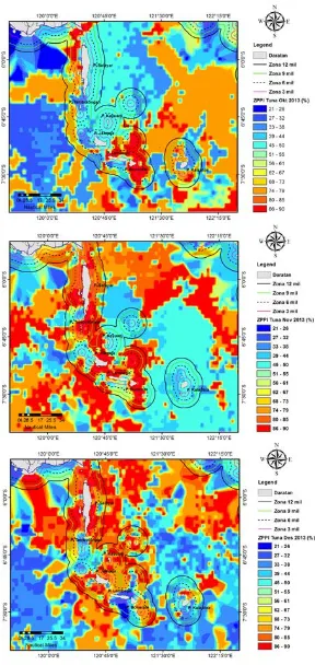 Gambar 4. Distribusi zona potensi penangkapan ikan (ZPPI) tuna yang dinyatakan dalam unit probabilitas di Perairan Laut Flores periode November-Desember 2013