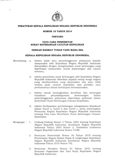 Peraturan Kepala Kepolisian Negara Republik Indonesia Nomor 18 Tahun Tentang Tata Cara