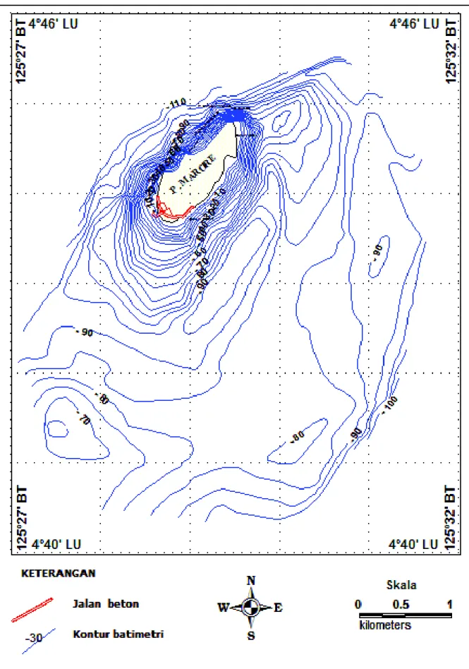 Gambar 6. Peta kontur kedalaman laut di sekitar perairan Pulau Marore
