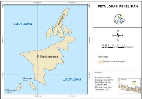 Gambar 1. Lokasi penelitian Pulau Kemujan, Pulau Karimunjawa, Pulau Menjangan Besar dan Pulau Menjangan Kecil di  wilayah Kepulauan Karimunjawa, Kabupaten Jepara, Provinsi Jawa Tengah