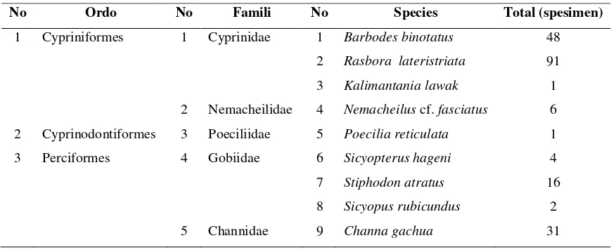 Tabel 1. Perolehan koleksi ikan air tawar di perairan karst Menoreh 