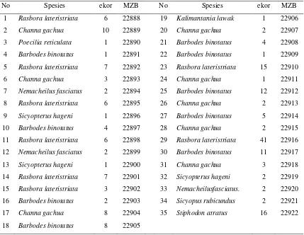 Gambar 7. Jumlah species, famili dan ordo ikan yang dikoleksi dari tahun 2006 sampai tahun 2009 di ka-wasan Karst Gunung Sewu (Hadiaty 2012) 