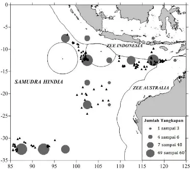 Gambar 3. Sebaran daerah penangkapan hiu buaya yang tertangkap armada rawai tuna di Samudra Hindia