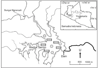 Gambar 1. Lokasi penebaran yuwana (tanda lingkaran) dan stasiun sampling ikan bandeng (tanda kotak persegi) di Waduk Sermo 