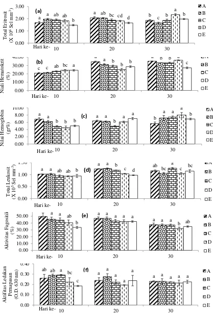 Gambar 1. Nilai total eritrosit (a), kadar hematokrit (b), kadar hemoglobin (c), nilai total leukosit (d), aktivi-tas fagositik (e) dan aktivitas ledakan pernapasan (f) ikan lele yang dipelihara selama 30 hari