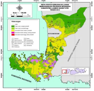 Gambar  2.  Peta  Status  Kerusakan  Lahan  berdasarkan  produksi  biomassa  di  Kabupaten  Lombok  Barat  Tahun 2013 