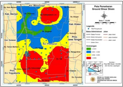 Gambar 3. Peta persebaran nilai ground shear strain daerah Prambanan.