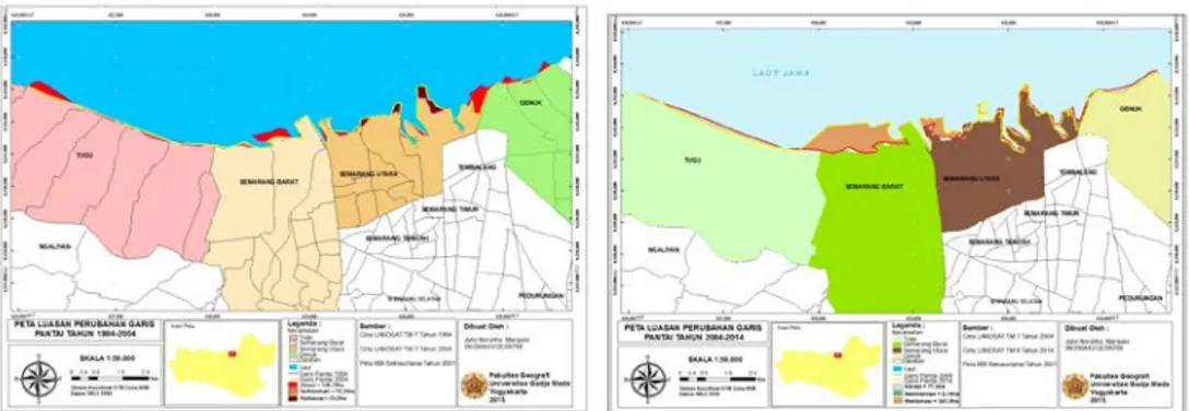 Gambar 2. Peta perubahan garis pantai Kota Semarang tahun 1994-2004 (kiri)  dan 2004-2014 (kanan)