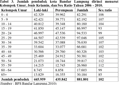 Tabel 3. Jumlah penduduk kota Bandar Lampung dirinci menurut 