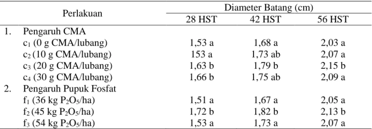 Tabel 3. Pengaruh Cedawan Mikoriza Arbiskular (CMA) dan Pupuk Fosfat terhadap Diameter  Batang 