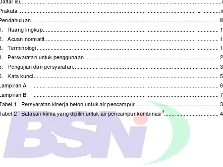 Tabel 1   Persyaratan kinerja beton untuk air pencampur ......................................................