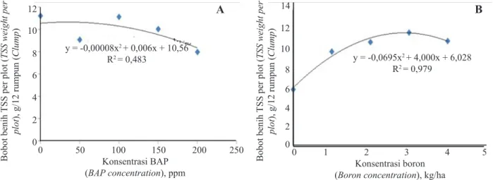 Gambar  2.   Kurva respons bobot benih bawang merah terhadap konsentrasi BAP (A) dan terhadap dosis  boron (B) (Response curve of shallots seed weight on BAP concentration (A) and on boron dosage 